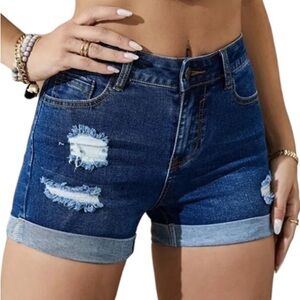 Unbranded blue distressed denim cuffed hem stretch jean shorts size large